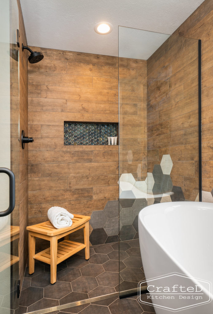 Spokane Coeur d'Alene Interior Bathroom Design with rustic hexagon tile modern style