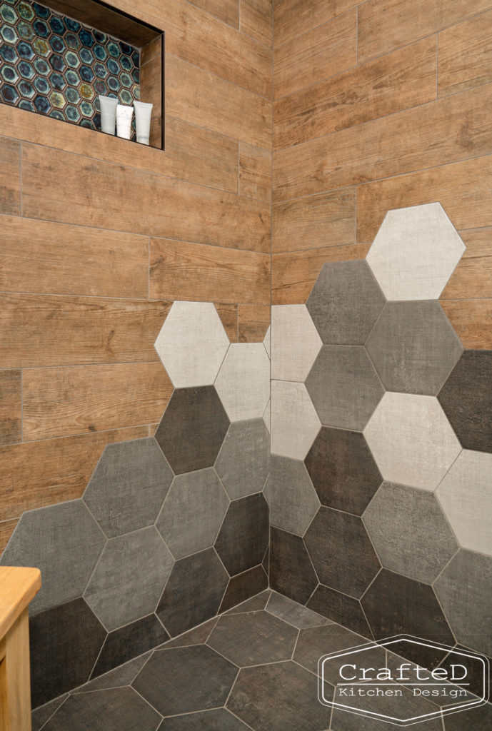 Spokane Coeur d'Alene Interior Bathroom Design unique grey hexagon tile and wood tile