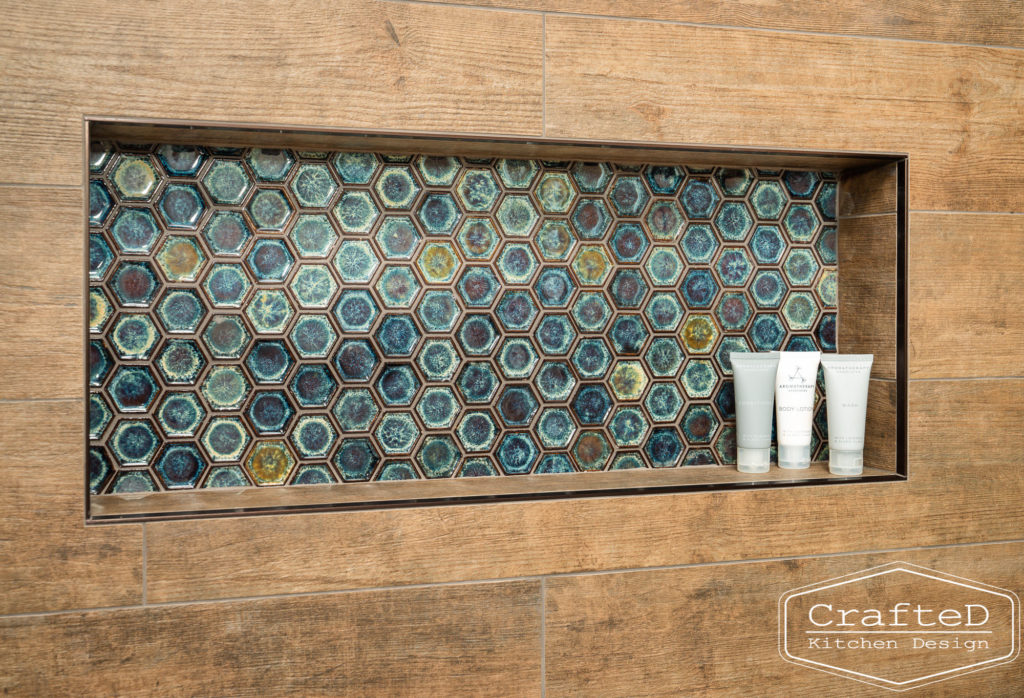 Interior Bathroom Design Unique decorative hexagon tile shower niche with wood look tile