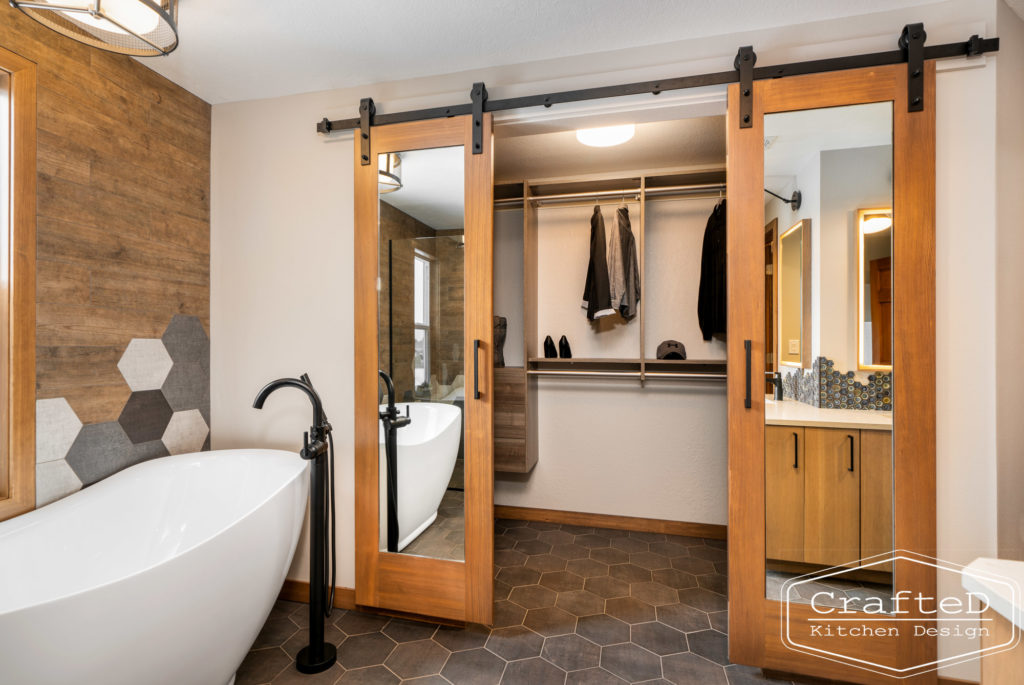 spokane home design master bathroom decorative tile mirrored barn doors farmhouse style