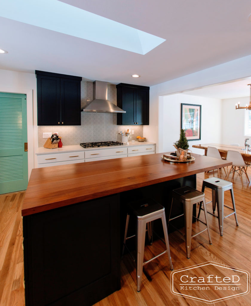 Spokane Coeur d'Alene Interior Designer black and white kitchen and turquoise door