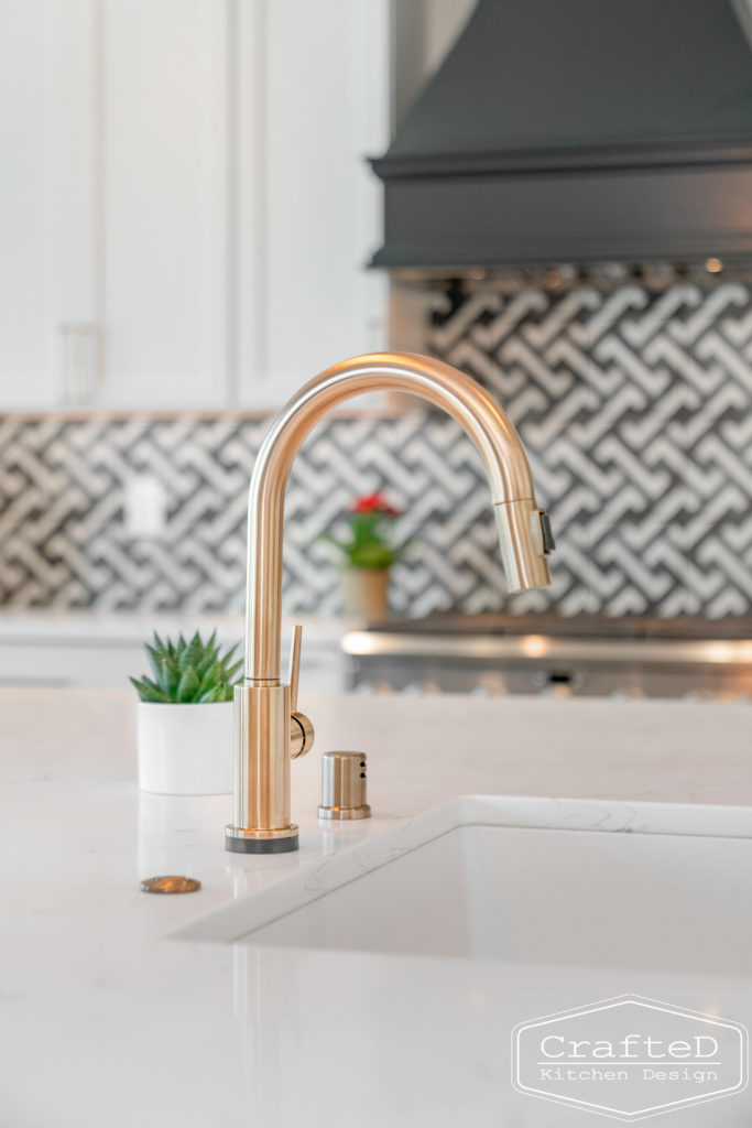 gold delta trinsic faucet in coffee bar station with floating shelves spokane interior design