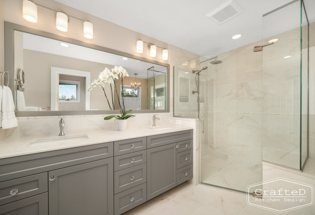 master bathroom remodel spa like with grey cabinets