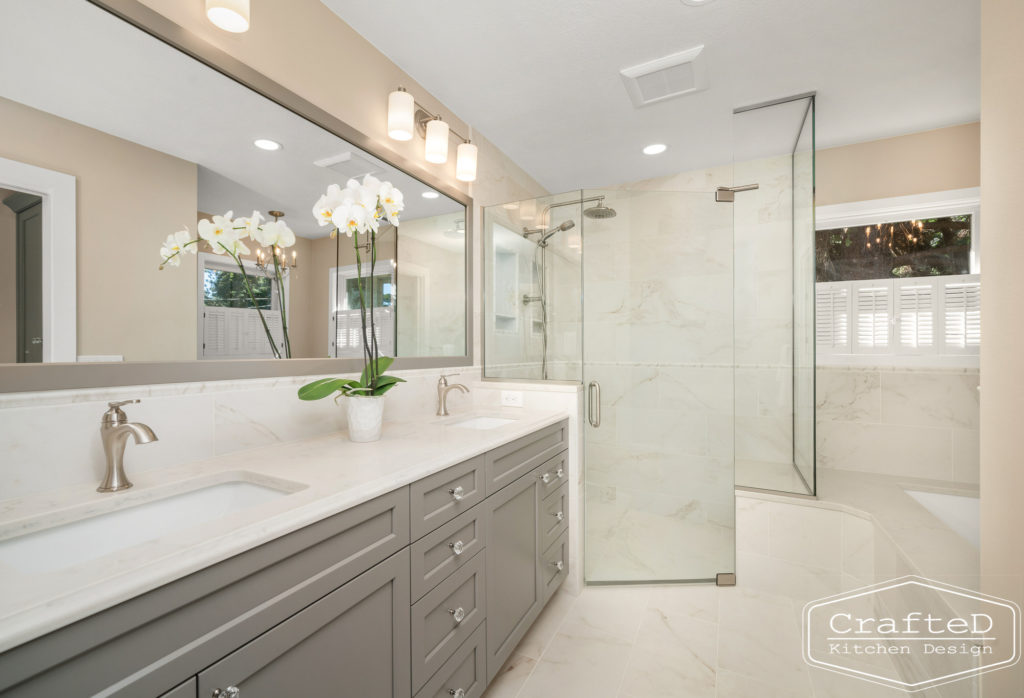 master bathroom remodel spa like with grey cabinets