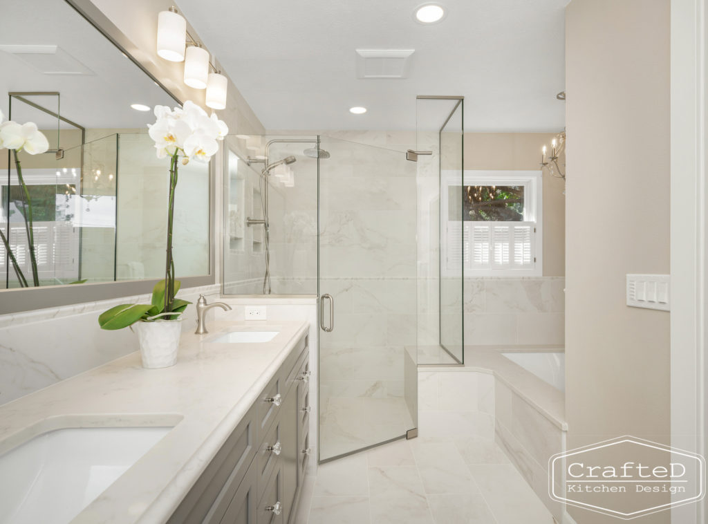 master bathroom remodel spa like with grey cabinets open shower and built in tub