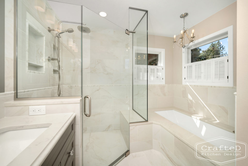 master bathroom remodel spa like with grey cabinets open shower and built in tub
