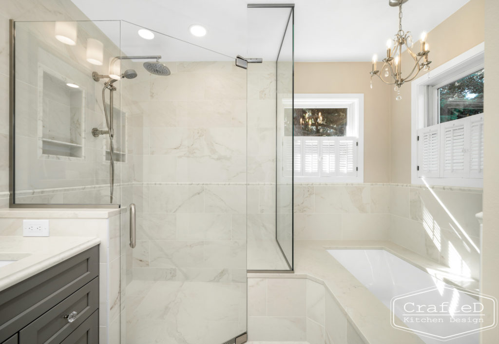 master bathroom remodel spa like with grey cabinets open shower and built in tub