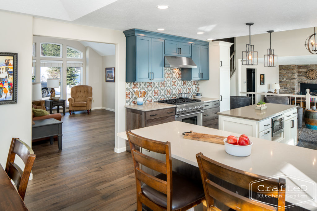 patterned kitchen backsplash tile with blue and wood cabinets spokane cda kitchen remodel