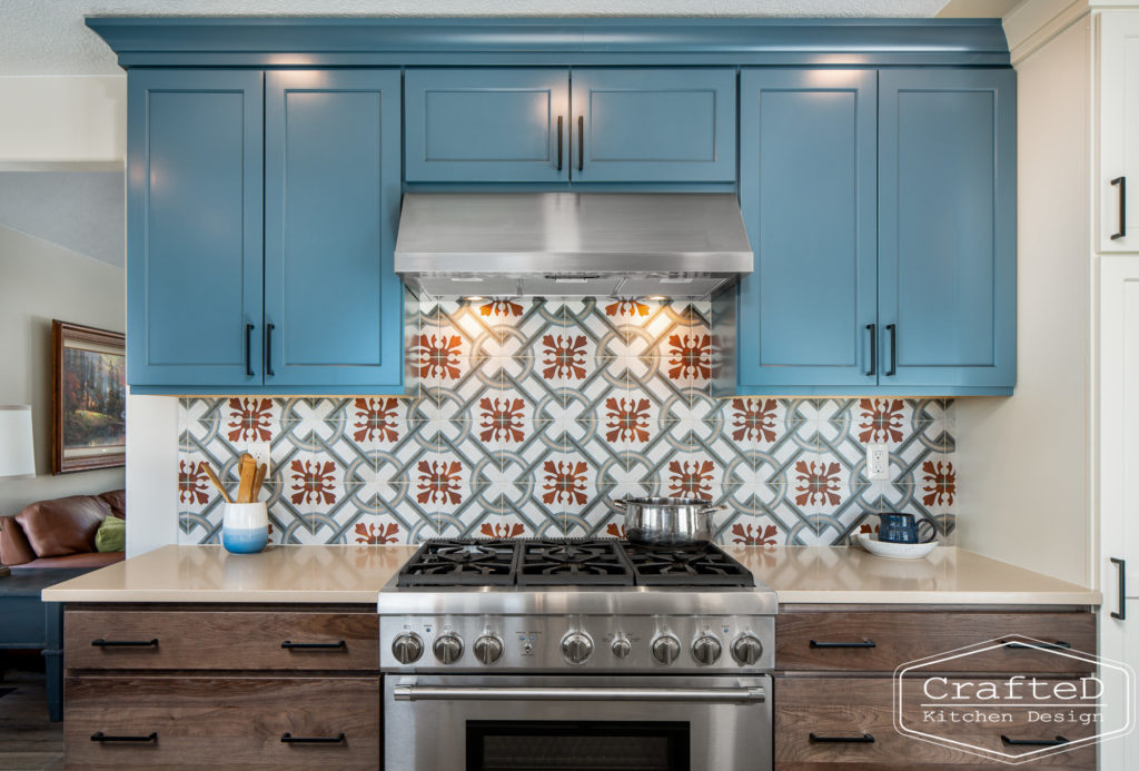 patterned kitchen backsplash tile with blue and wood cabinets spokane cda kitchen remodel