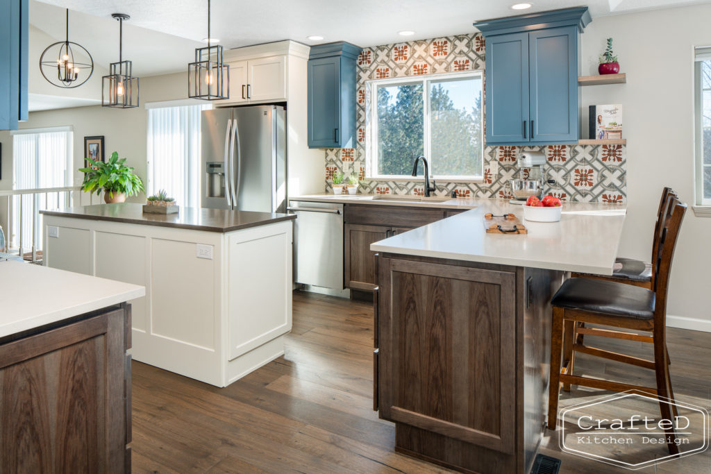 patterned kitchen backsplash tile with blue and wood cabinets spokane cda kitchen remodel