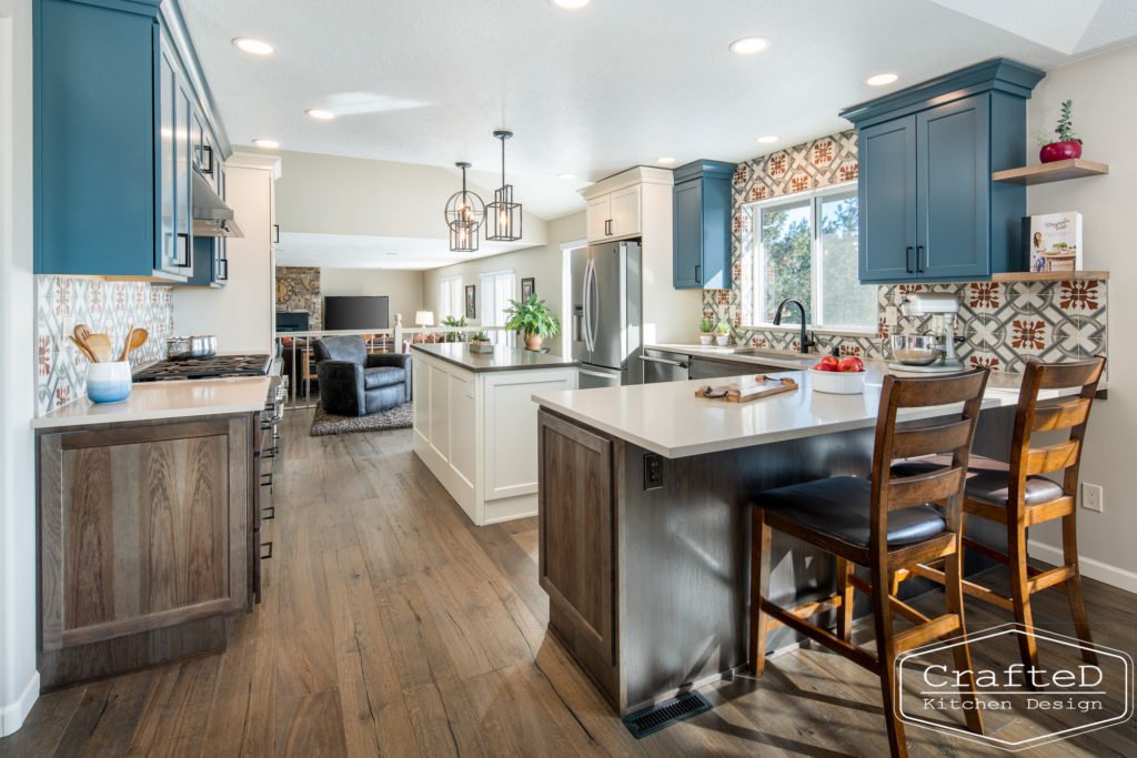 patterned kitchen backsplash tile with blue and wood cabinets spokane cda kitchen remodel