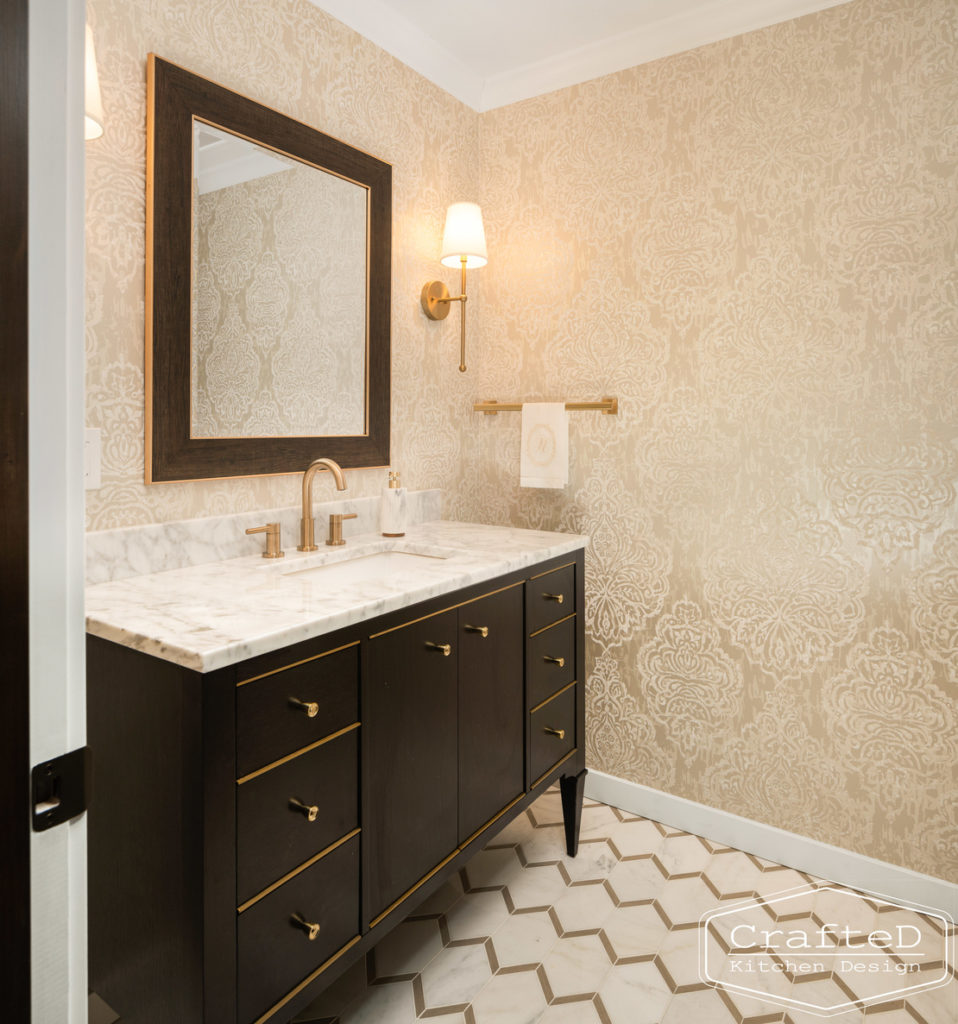 traditional sophisticated modern powder bathroom with gold accents spokane cda interior design