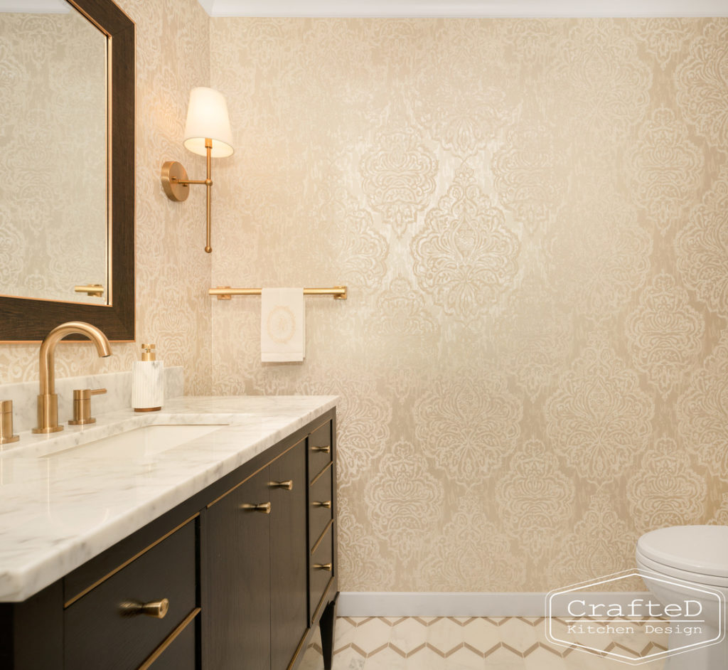 traditional sophisticated modern powder bathroom with gold accents spokane cda interior design