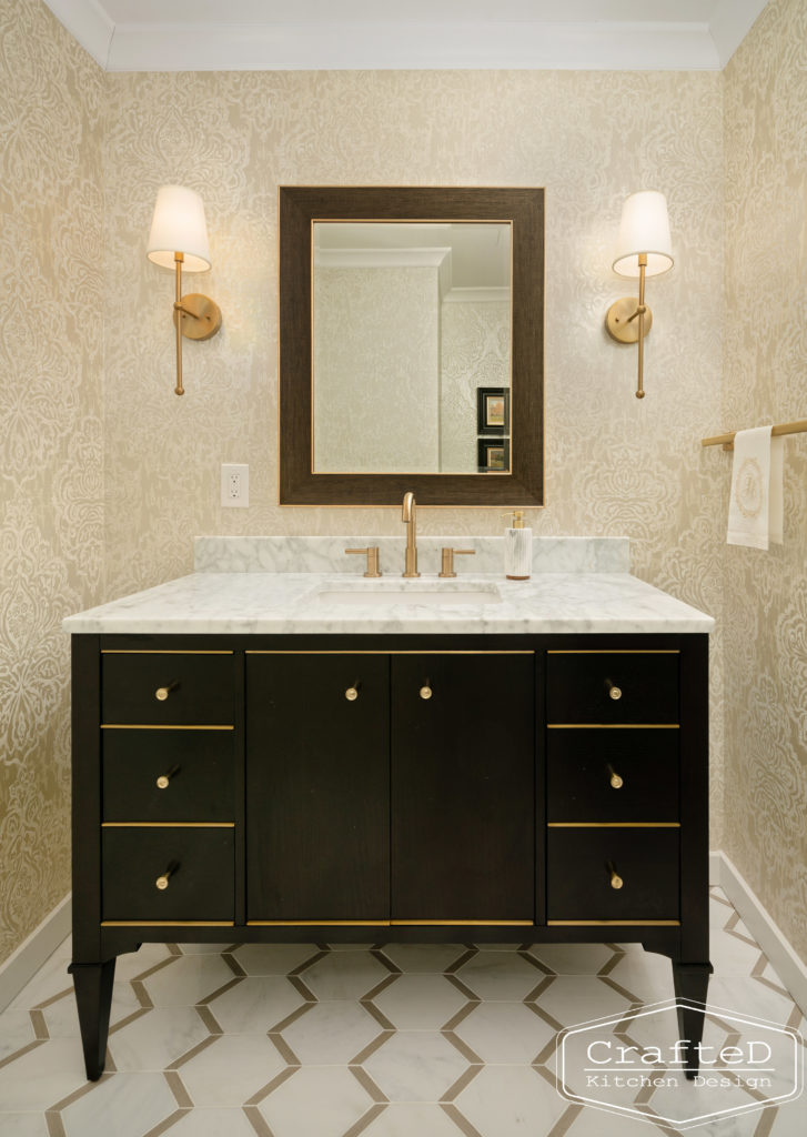 traditional sophisticated modern powder bathroom with gold accents spokane cda interior design