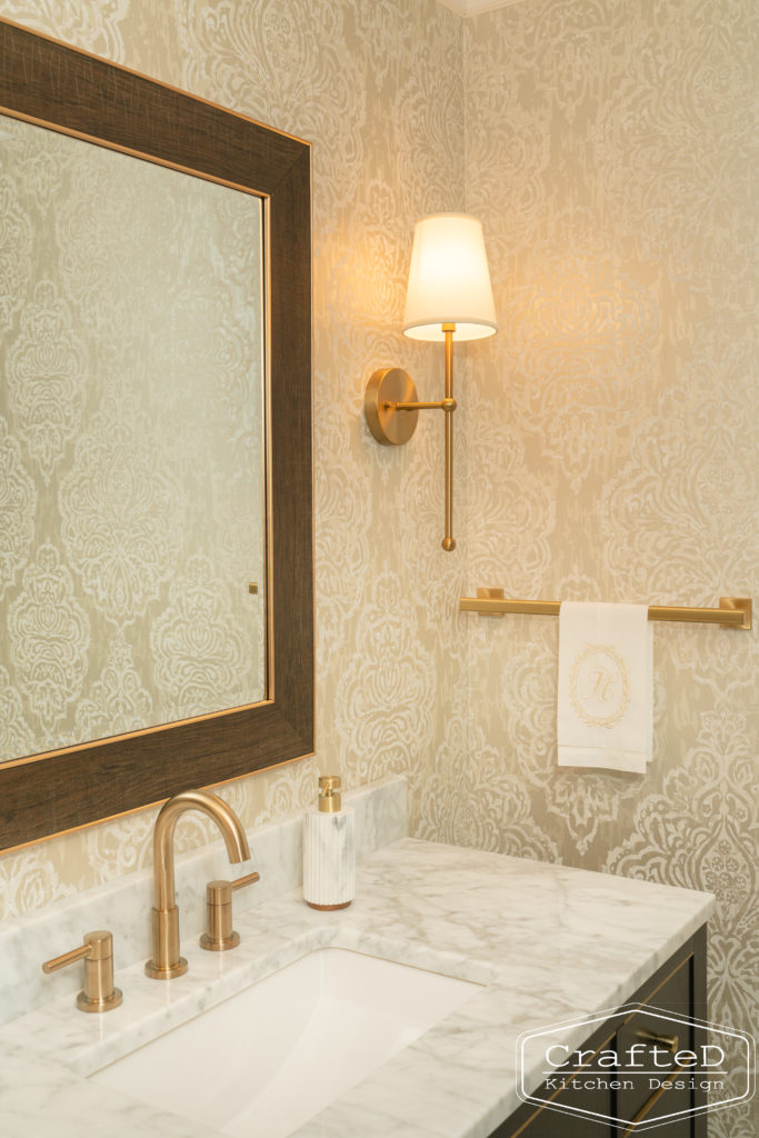 traditional sophisticated modern powder bathroom with gold accents spokane cda interior design