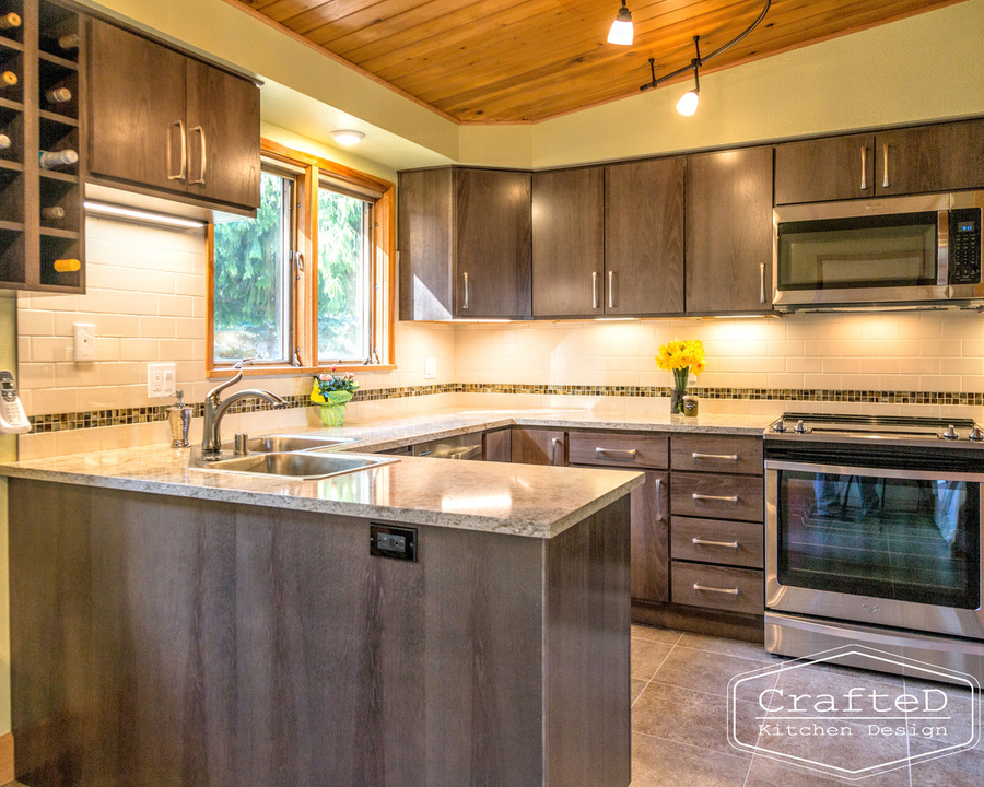 wood cabinet kitchen with wood paneling on ceiling