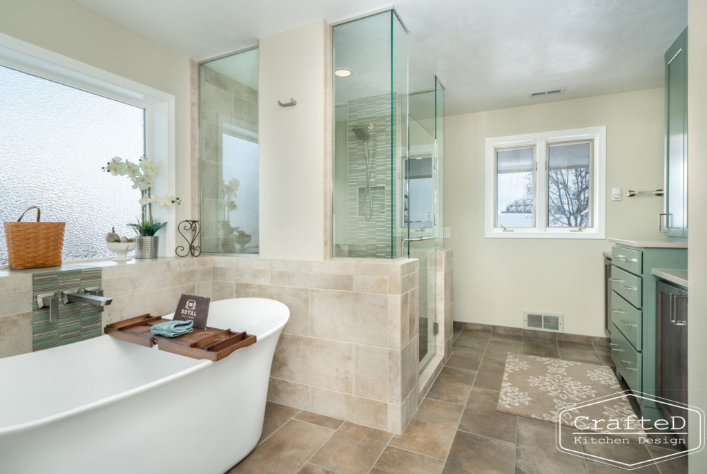 beautiful master bathroom spokane remodel with turquoise and wood colored cabinetry