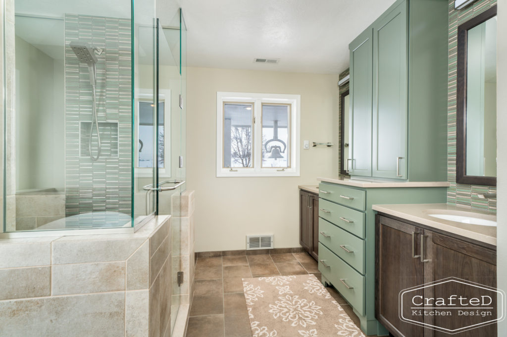 beautiful master bathroom spokane remodel with turquoise and wood colored cabinetry