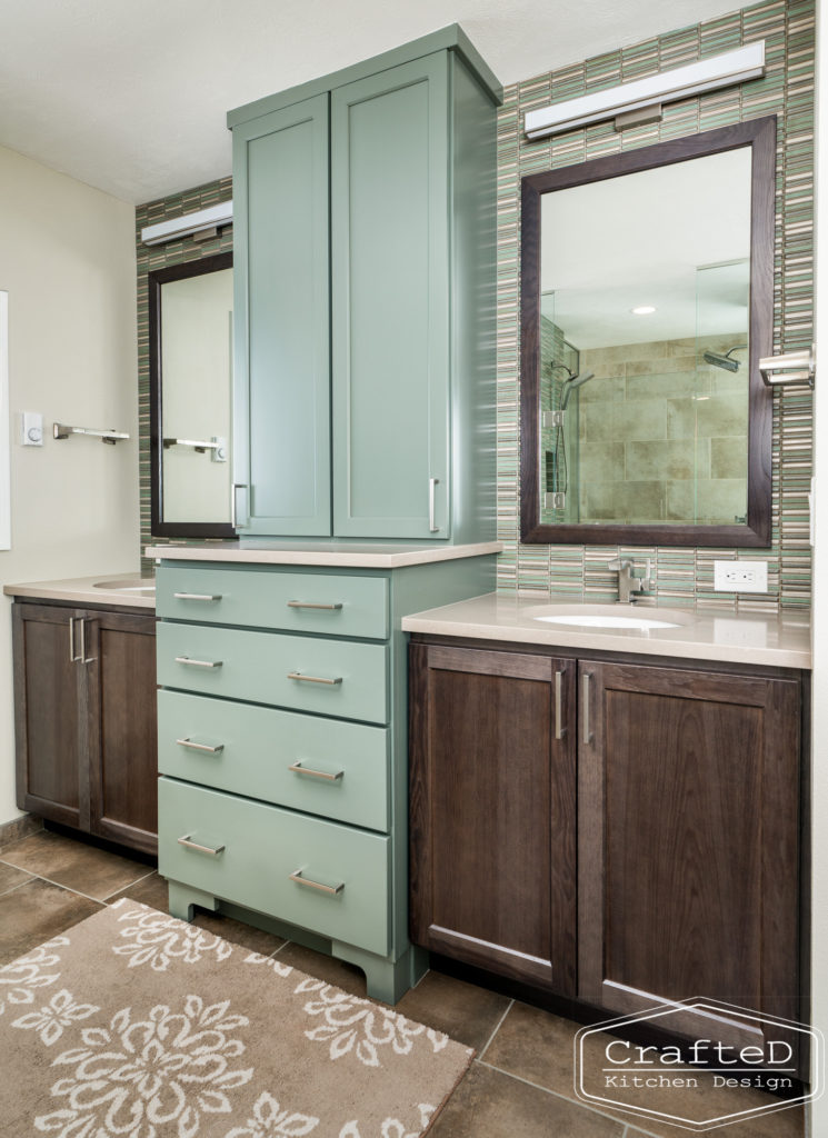 beautiful master bathroom spokane remodel with turquoise and wood colored cabinetry