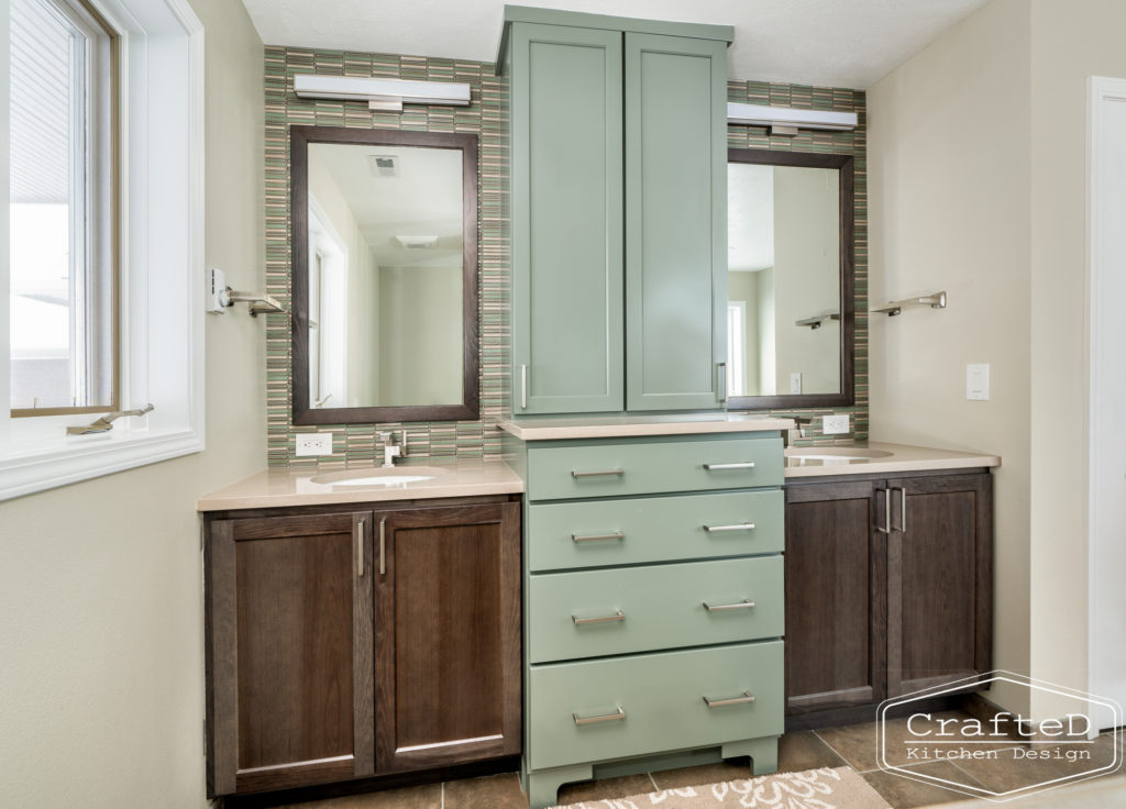 beautiful master bathroom spokane remodel with turquoise and wood colored cabinetry his and her vanity