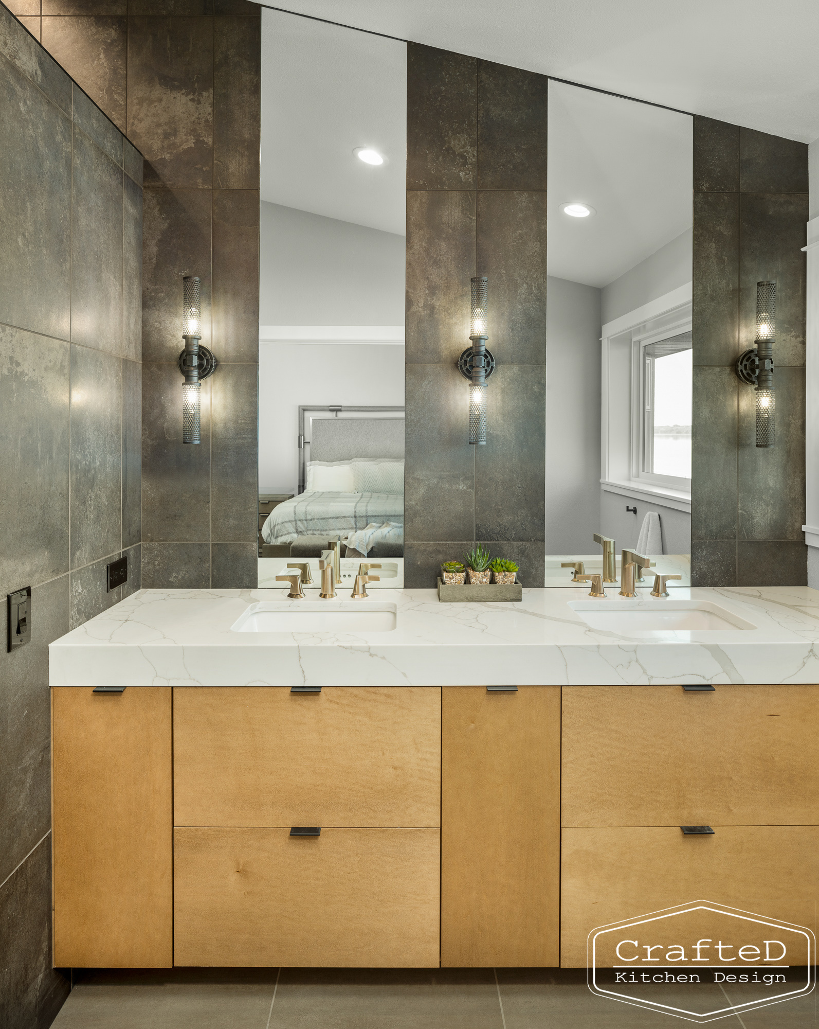 modern metropolitan bathroom design with dark toned wood cabinets, dekton marble backsplash and gold accents in spokane Coeur d'alene moses lake home renovation