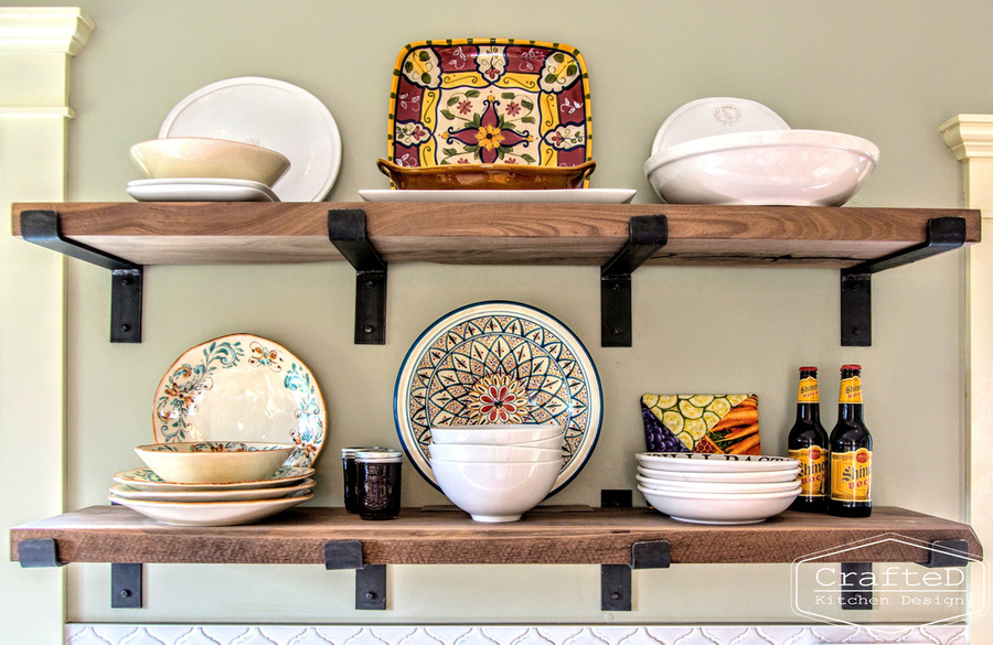 traditional kitchen design with large island hardwood floors and mosaic arabesque backsplash to ceiling and unique floating shelves