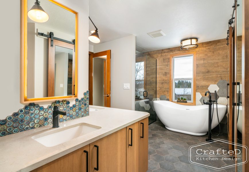 Spokane Coeur d'Alene Interior Bathroom Design with unique hexagon tile patterns